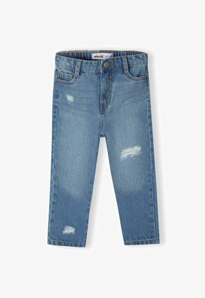 Jasnoniebieskie dżinsy, charakteryzujące się klasycznym krojem prostym, z przetarciami, pięcioma kieszeniami oraz zapięciem na guzik.