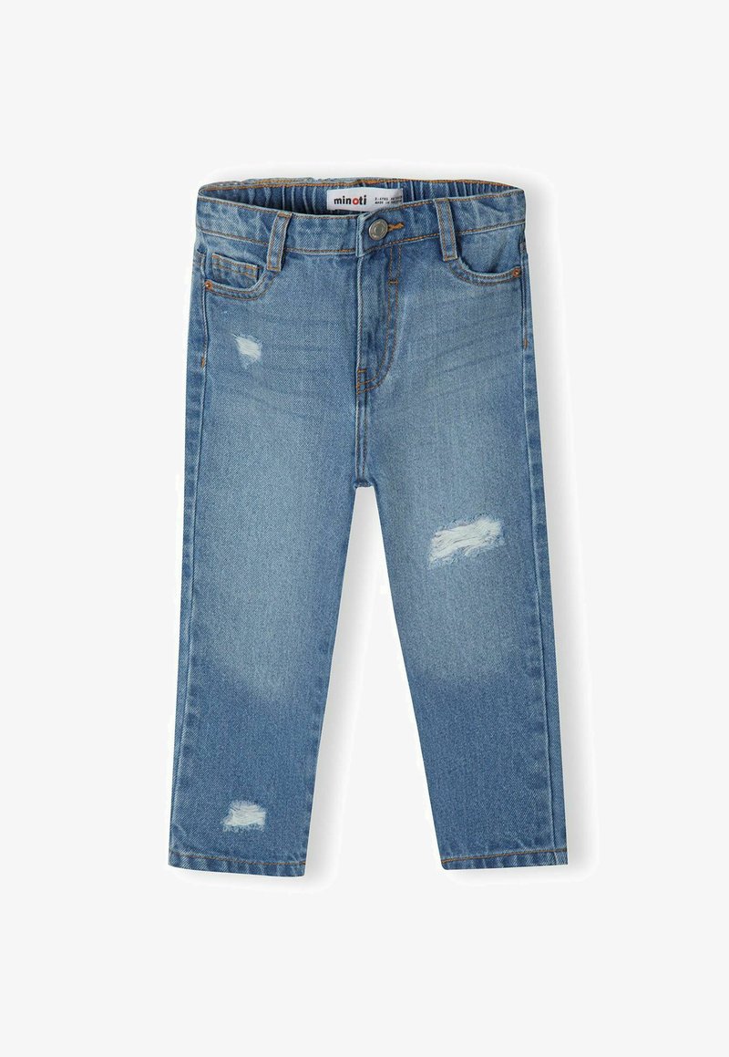 Jasnoniebieskie dżinsy, charakteryzujące się klasycznym krojem prostym, z przetarciami, pięcioma kieszeniami oraz zapięciem na guzik.