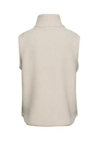 Gilet senza maniche in tessuto beige testurizzato con collare alto e finitura liscia, caratterizzato da una vestibilità rilassata e un orlo che curva leggermente.