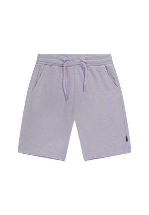 Lichtpaarse badstofshorts met een elastische tailleband, verstelbare trekkoord, zijzakken en een klein zwart merklipje op het been.