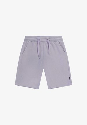 Lichtpaarse badstofshorts met een elastische tailleband, verstelbare trekkoord, zijzakken en een klein zwart merklipje op het been.