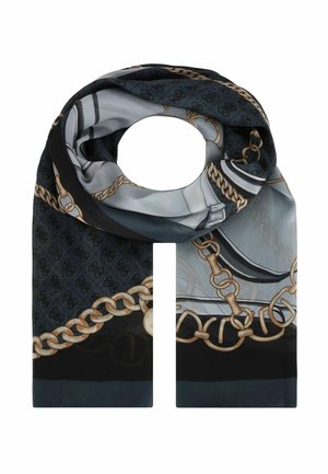 Silk scarf featuring a dark color palette with chain patterns, smooth texture, and a circular opening. Gold and silver accents prominent.