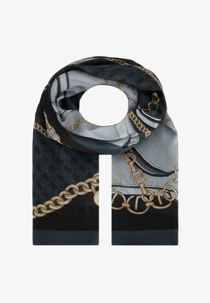 Foulard in seta caratterizzato da una palette di colori scuri con motivi a catena, superficie liscia e apertura circolare. Accenti in oro e argento ben in evidenza.