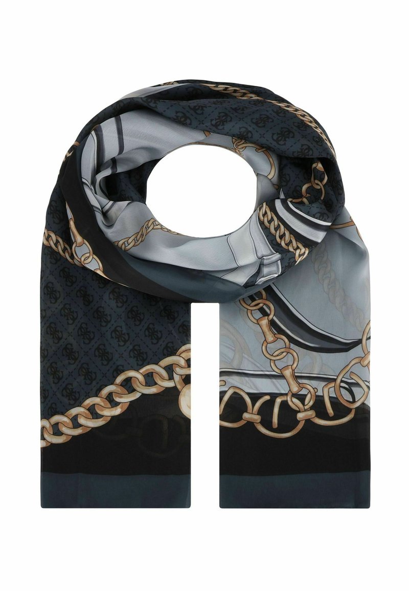 Foulard in seta caratterizzato da una palette di colori scuri con motivi a catena, superficie liscia e apertura circolare. Accenti in oro e argento ben in evidenza.