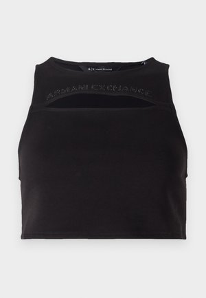 Zwart cropped tanktop van gladde stof, met uitsparingen en een logo aan de voorkant in gepinde letters. Eenvoudig, atletisch silhouet.