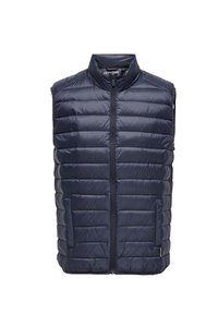 Gilet imbottito blu navy con colletto alto, design trapuntato, zip frontale e due tasche laterali. Materiale liscio e leggero.