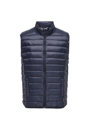 Gilet imbottito blu navy con colletto alto, design trapuntato, zip frontale e due tasche laterali. Materiale liscio e leggero.