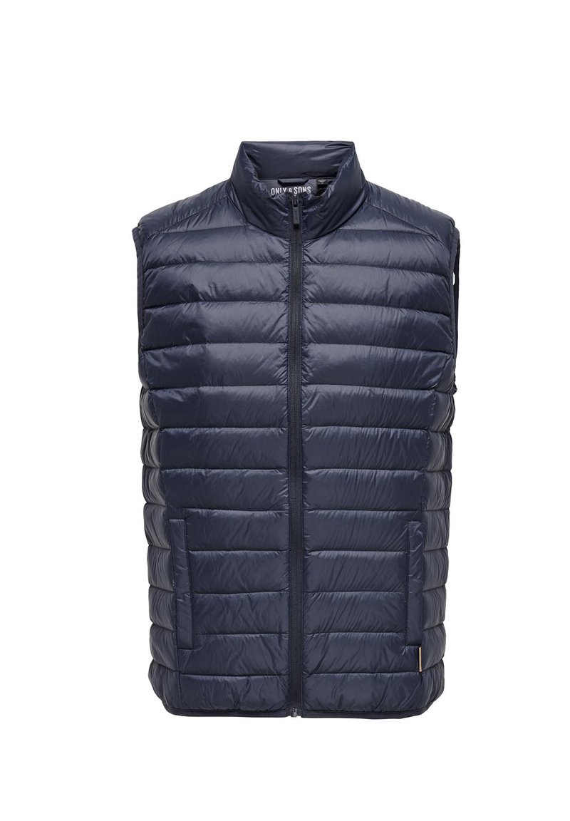 Gilet imbottito blu navy con colletto alto, design trapuntato, zip frontale e due tasche laterali. Materiale liscio e leggero.