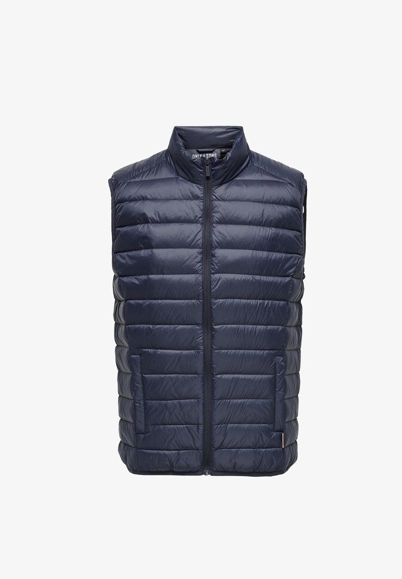 Gilet imbottito blu navy con colletto alto, design trapuntato, zip frontale e due tasche laterali. Materiale liscio e leggero.