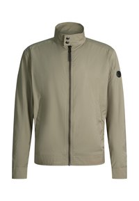 Light beige men's lightweight jacket with stand collar, front zipper, snap buttons, side pockets, and logo patch on left sleeve.
