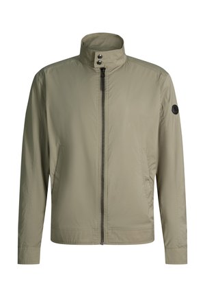 Leichte Herrenjacke in hellbeige mit Stehkragen, Frontreißverschluss, Druckknöpfen, Seitentaschen und Logopatch am linken Ärmel.