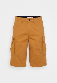 Cargo-Shorts aus lichtbraunem Stoff mit glatter Textur, ausgestattet mit zwei Seitentaschen und zwei Cargo-Taschen. Klassischer Knopfverschluss an der Taille.
