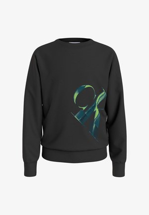 Czarna bluza z okrągłym dekoltem z dużym, abstrakcyjnym wzorem wstążki w kolorach niebieskim i zielonym oraz napisem "Calvin Klein Jeans" na przodzie.