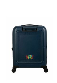 Valigia di Topolino in plastica blu scuro, forma rettangolare, superficie testurizzata con linee diagonali, presenta un logo colorato davanti, quattro ruote.