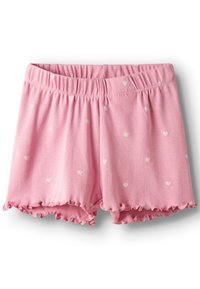 Roze katoenen korte broek voor peuters met elastische tailleband, witte hartjespatronen en ruches aan de zoom.