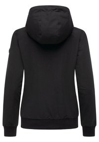 Svart huvjacka med långa ärmar, ribbade ärmslut och ribbad nederkant, sedd bakifrån mot en vit bakgrund.