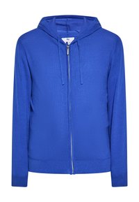 Blå hoodie gjord av texturerat tyg, med en framsidan dragkedja, dragsnodd i huvan och ribbade manschetter och nederkant.