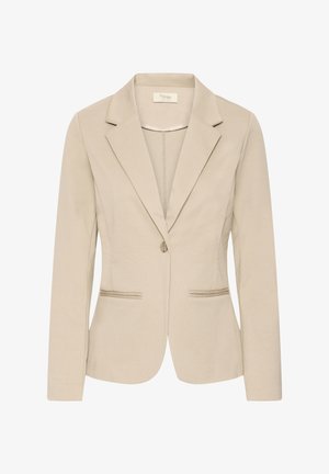 Beige blazer med enkelt knap, hak-lapels, lange ærmer og to forlommer med slidser, skræddersyet pasform, ingen synlig for.
