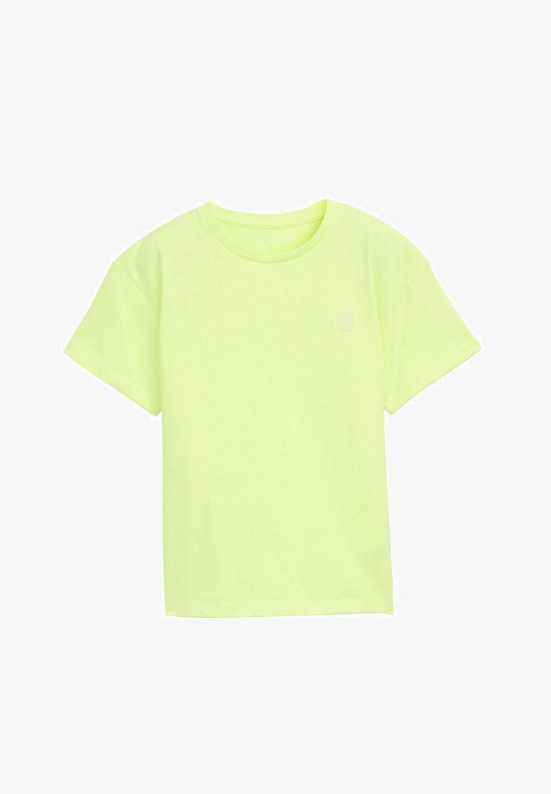 Tricou scurt, de culoare galben neon, cu guler rotund și o croială ușor lejeră. Prezintă un logo mic, de culoare asortată. Textură moale.
