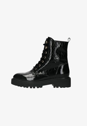 Black patent leather ankle boots with a crocodile texture, featuring gold eyelets, black laces, and a rugged rubber sole.