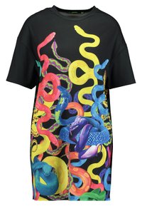 Short-sleeve T-shirt featuring a vibrant snake print in red, yellow, green, and blue on a black background, with a relaxed fit design.