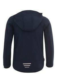 Navy waterproof jacket with hood, long sleeves, reflective accents on back, and smooth texture. Features a slightly curved hem.