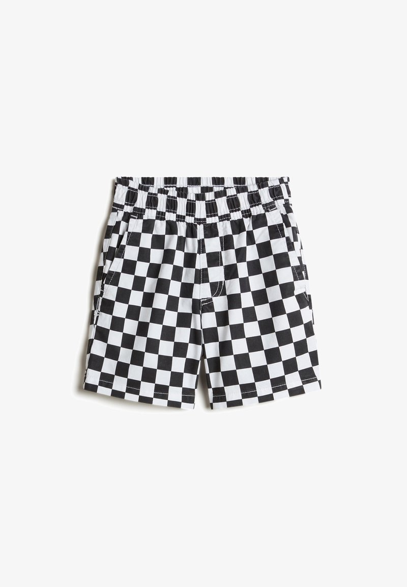 Shorts à carreaux noir et blanc avec une taille élastique et des poches latérales, posés à plat sur un fond blanc.