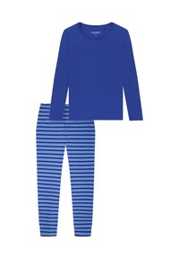 Langärmliges blaues Oberteil kombiniert mit gestreiften blau-hellblauen Hosen aus weichem Material, mit elastischem Bund.