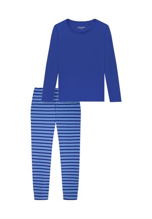 Pitkähihainen sininen paita yhdistetty sinivalkoraidallisiin housuihin, jotka on valmistettu pehmeästä materiaalista ja joissa on joustava vyötärönauha.