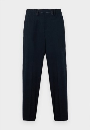 Pantalones azul marino con cintura elástica y cordón. Diseño de pierna recta, con una textura suave y sin patrones visibles.