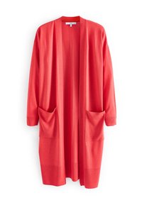 Cárdigan largo de apertura frontal en color coral sólido, con dos bolsillos delanteros, mangas largas y un corte relajado. Confeccionado con un tejido suave y ligero.