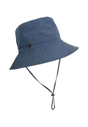 Blue bucket hat made of lightweight fabric with a wide brim, adjustable chin strap, and a small decorative logo on the side.