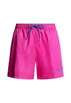 Helle pinkfarbene Badeshorts mit blauem Kordelzug und Red Bull Racing Logo am unteren rechten Bein.