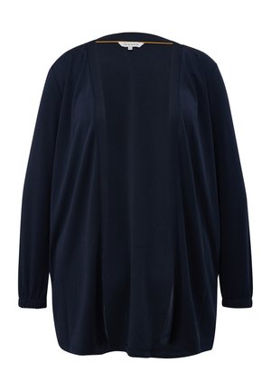 Marineblå cardigan med åben front, lange ærmer og elastiske manchetter, lavet af blødt stof, mærket "Triangle" på indersiden af kraven.