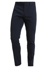 Marineblaues Dress-Hosen aus glattem Stoff mit schmaler Passform, ausgestattet mit einem standardmäßigen Bund, Gürtelschlaufen und einer einzelnen Vorderfalte.