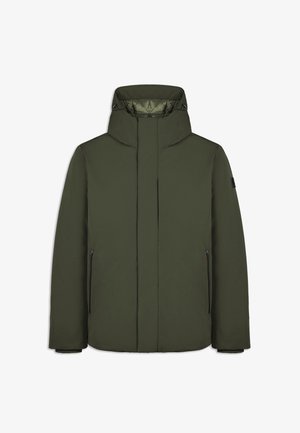 Dark green padded jacket with high collar, front zipper concealed by flap, and zippered side pockets, shown on a white background.