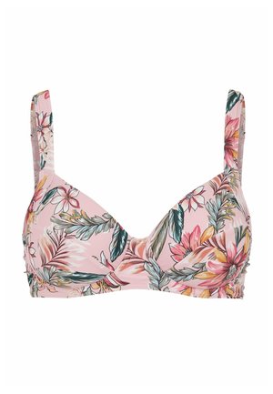 Rosa gepolsterter Bügel-BH mit verstellbaren Trägern, verziert mit großen Blumen- und Blattmustern in Grün-, Weiß- und Orangetönen.