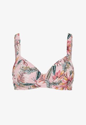 Soutien-gorge rembourré rose à fleurs avec bretelles réglables et armatures, présentant de grands motifs de fleurs et de feuilles en nuances de vert, blanc et orange.