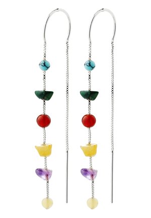 Silberne Threader-Ohrringe mit hängenden blauen, grünen, roten, gelben, violetten und hellgelben Edelsteinperlen in absteigender Reihenfolge.
