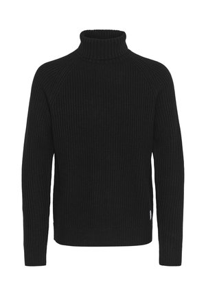 Sort ribbet turtleneck sweater med lange ærmer, præget af et tætsiddende design og subtilet tekstureret stof. Ingen synlige logoer eller mønstre.