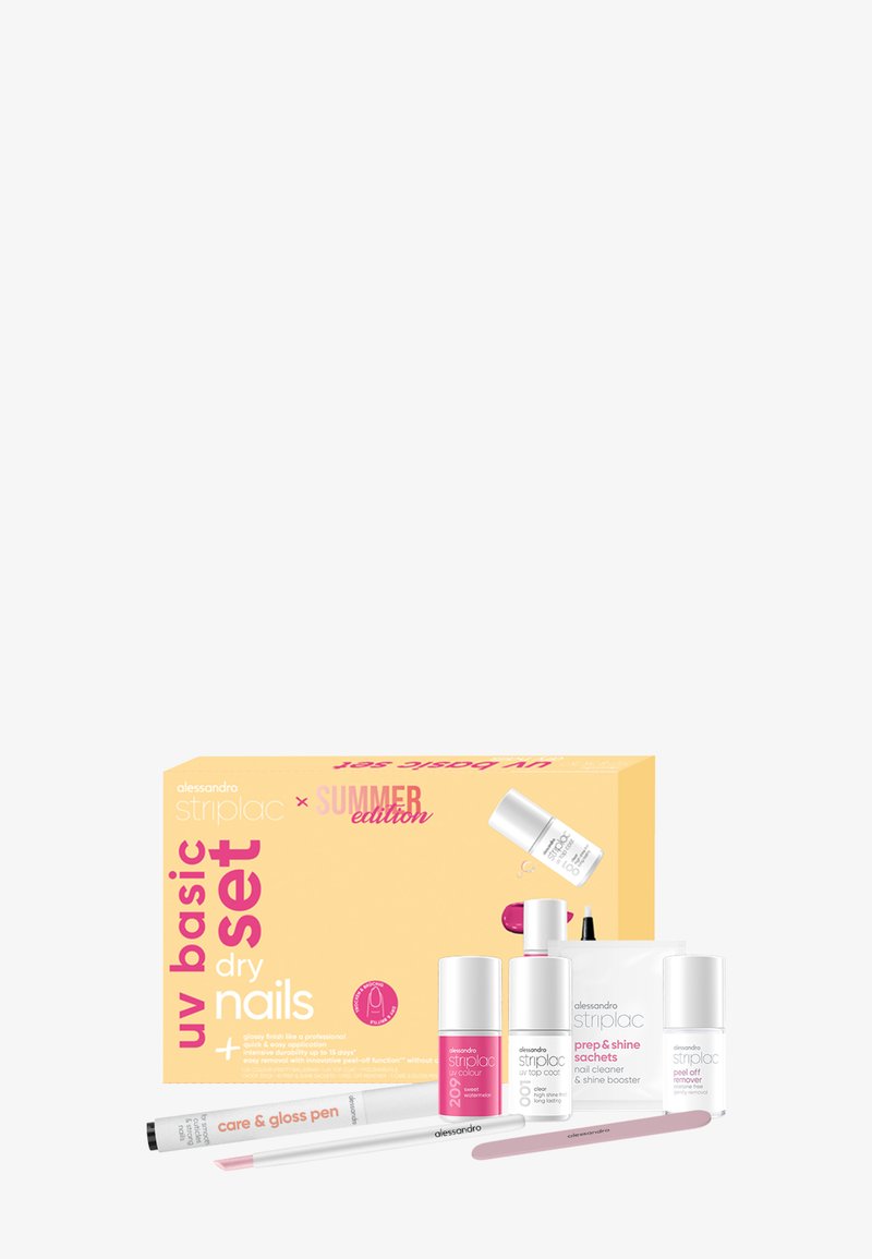 Ensemble basique de manucure UV avec vernis rose, top coat, dissolvant, sachets de préparation, stylo de soin, lime à ongles et pinceau dans une boîte édition été jaune.