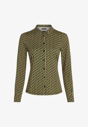 Długo rękawowa koszula z guzikami w wielokolorowy prostokątny wzór w kolorach zielonym, żółtym i czarnym. Posiada klasyczny kołnierzyk i guziki z przodu.