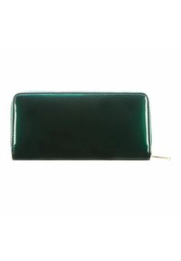 Portafoglio lucido di colore verde scuro, dalla forma rettangolare, con una cerniera dorata e cuciture coordinate. Texture liscia senza motivi visibili.