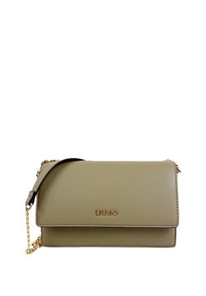 Borsa a tracolla in pelle beige con tracolla a catena dorata e logo LIU JO sulla patta frontale.