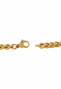 Gouden kettingarmband met in elkaar grijpende schakel en een karabijnsluiting. Gladde, glanzende afwerking; heeft een gedraaide ontwerp voor extra textuur.