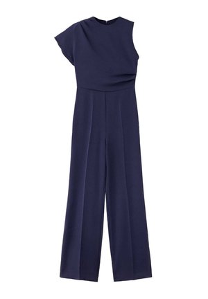 Combinaison bleu marine sans manches avec jambes larges, encolure ronde et design asymétrique aux épaules sur fond blanc.