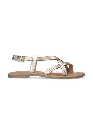Metalen gouden sandalen met bandjes, open teenontwerp, verstelbare enkelband en platte zool. Bevat gekruiste bandjes voor extra detail.