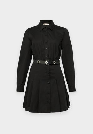 Rochie neagră cămașă cu mâneci lungi, închidere cu nasturi în față, talie ajustată cu un beltă ce are accente circulare și un design cu fustă evazată.