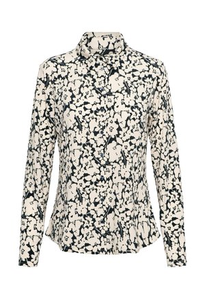 Langharige shirt in crème met een zwart bloemenpatroon, voorzien van een kraag en knoopsluiting, gemaakt van lichtgewicht, gestructureerde stof.