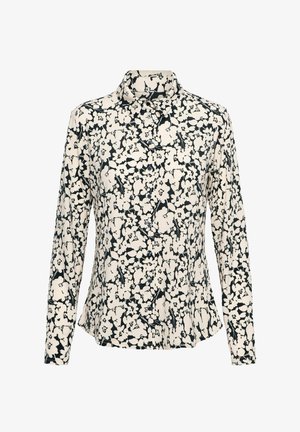 Langharige shirt in crème met een zwart bloemenpatroon, voorzien van een kraag en knoopsluiting, gemaakt van lichtgewicht, gestructureerde stof.